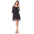 Kate Kasin Mujer sexy suelta 3/4 manga fría hombro Tasseled vestido de algodón negro KK000644-1